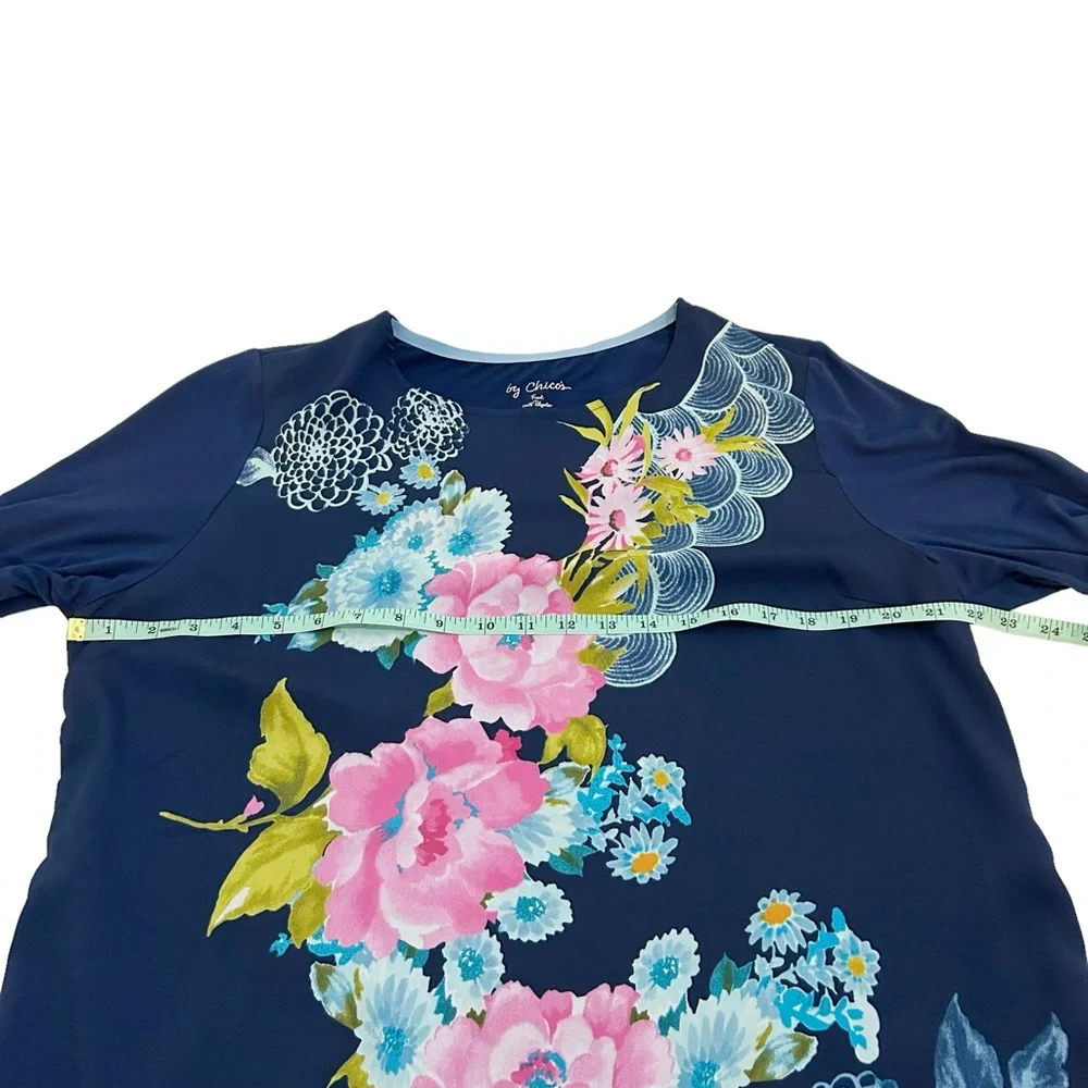Chico’s Blue Multicolor Floral Garden Party Tunic, Size 2 Medium